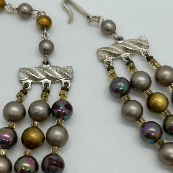 Vintage Multi-Strand Necklace Iridescent Gold Tone Pearlescent Beads Pro Formal - Picture 10 of 13
